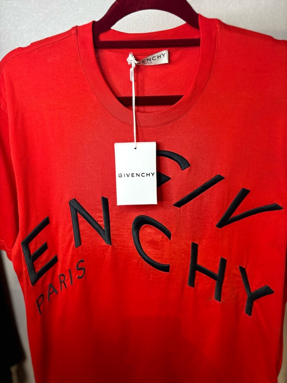 Givenchy Red Crewneck Tee with Black Logo Embroidered Tag Size XL